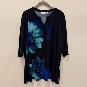 Susan Graves Plus Size 2X Navy Blue Long Top Shirt w/ Green Flower Pull Over